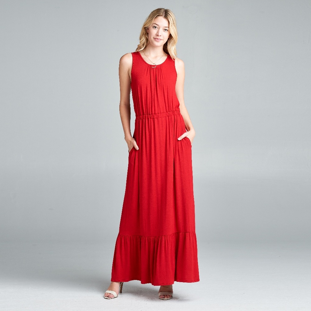 Red Tie-Waist Ruffle-Accent Pocket Maxi Dress